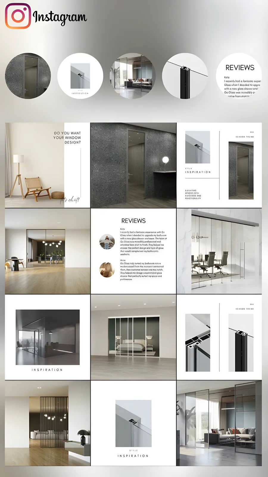 Instagram feed layout — a curated grid rotating projects, process and studio storytelling
